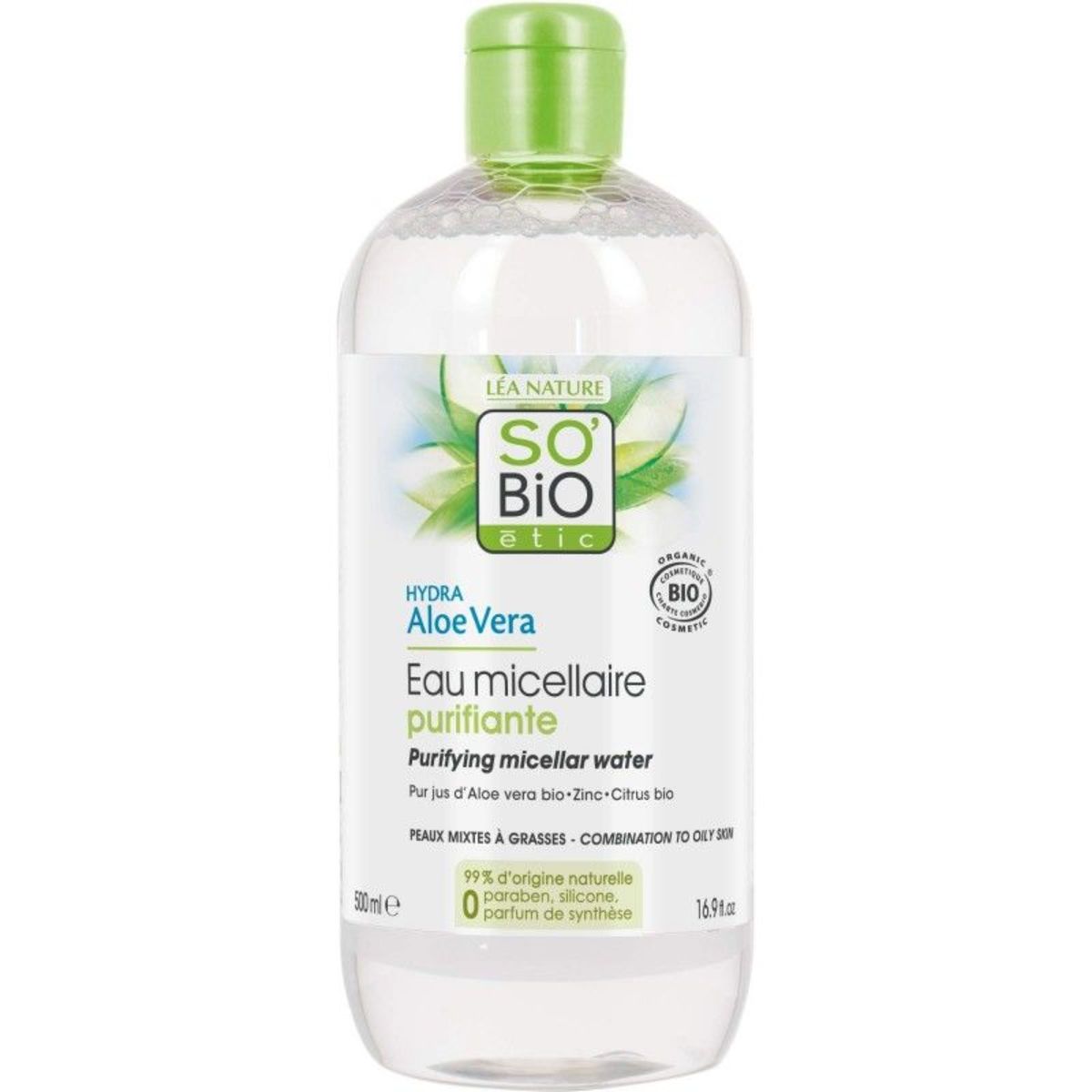 Agua micelar purificante con Zinc, Aloe Vera & Lima – So’Bio – 500ml