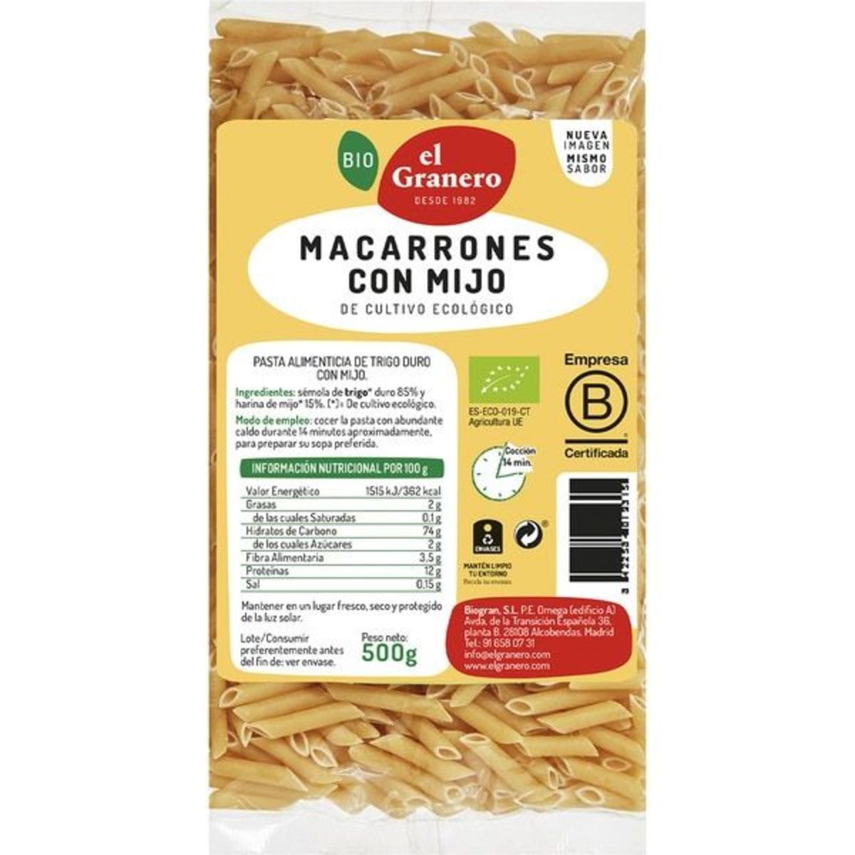 El Granero Integral Macarrones con mijo Bio – 500g