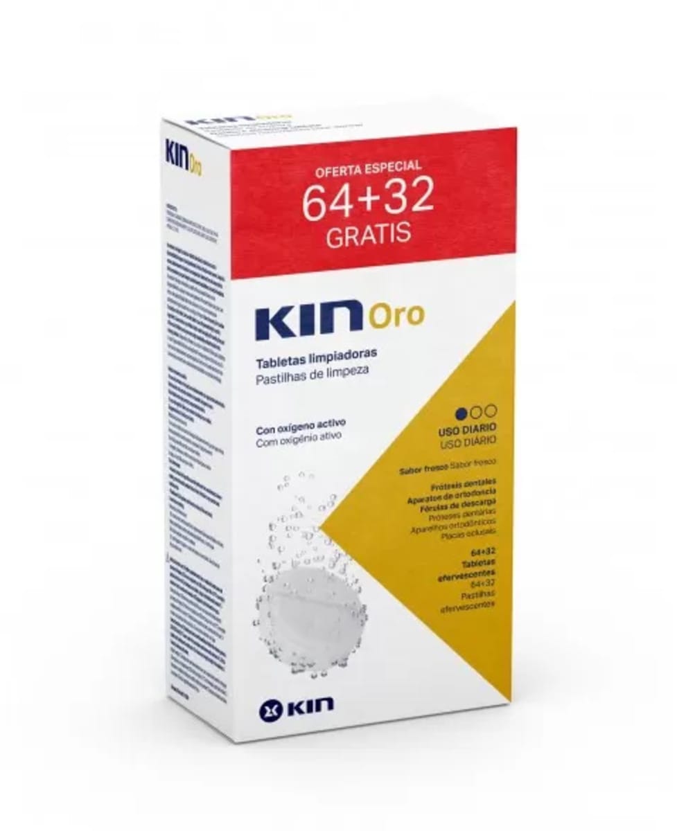 Kin Oro Tabletas Limpiadoras Limpieza Prótesis Dental 64 + 32 Tabletas