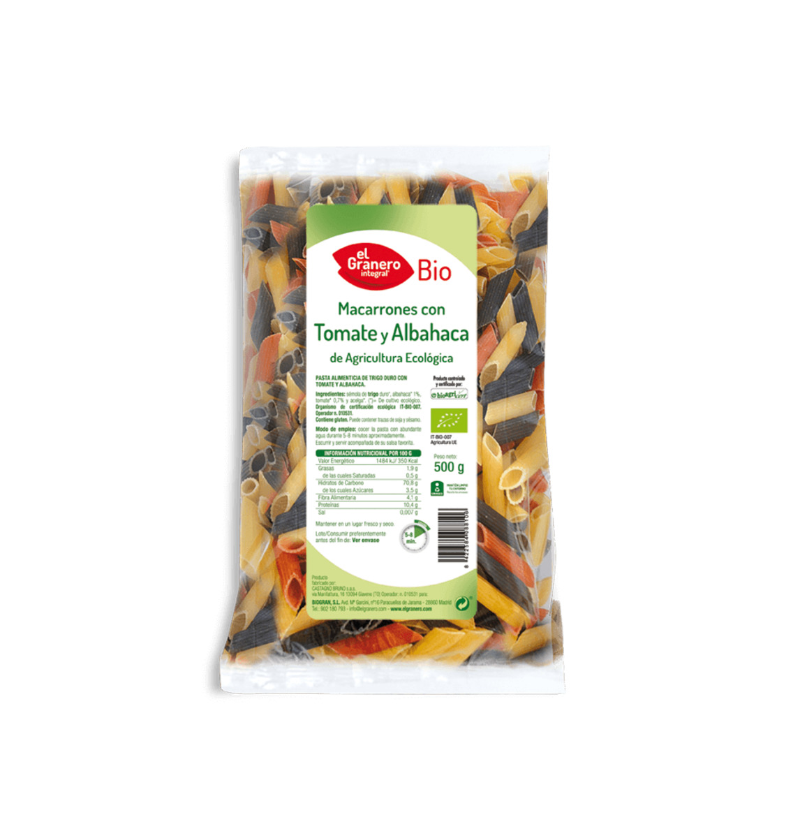 Macarrones Con Tomate Y Albahaca Bio rel Granero Integral – 500g