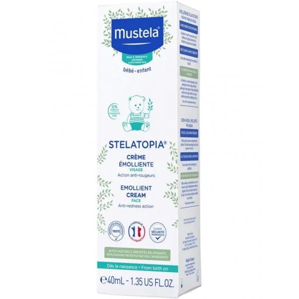 Mustela Stelatopia, crema emolliente per il viso per pelli atopiche di neonati e bambini, 40 ml