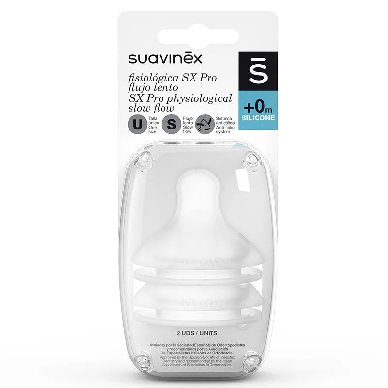 Suavinex tetina SX Pro fisiológica de silicone fluxo lento S, blister 2 unidades