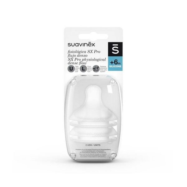 Tettarelle fisiologiche in silicone Suavinex SX Pro, flusso denso, L +6m, confezione da 2 pezzi