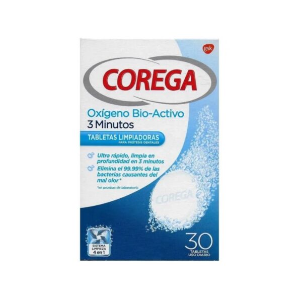 Corega Oxígeno Activo tabletas efervescentes limpieza prótesis dentales 30 unidades