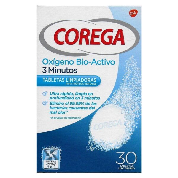 Corega Oxígeno Bio-Activo pastillas efervescentes limpieza prótesis dentales, 30 tabletas