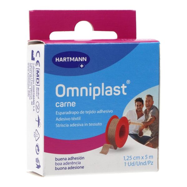 Nastro adesivo ipoallergenico Omniplast, resistente ai tessuti, color carne, 5 m x 1,25 cm