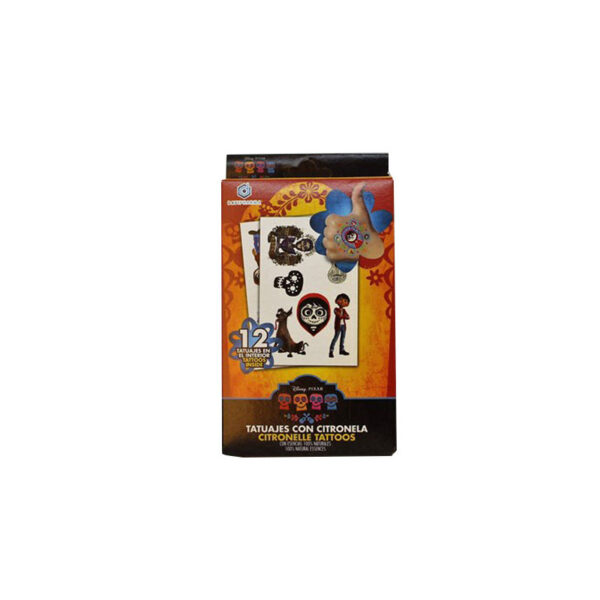 Tatuajes temporales citronela Disney Coco repelentes de insectos, pack 12 unidades