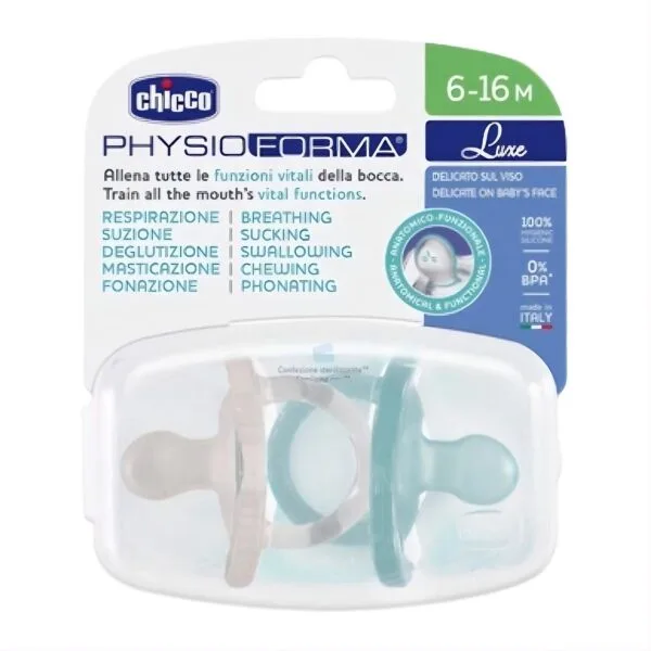 Ciuccio Chicco PhysioForma Luxe in silicone, grigio, taglie +6/+16 mesi, confezione da 2 pezzi