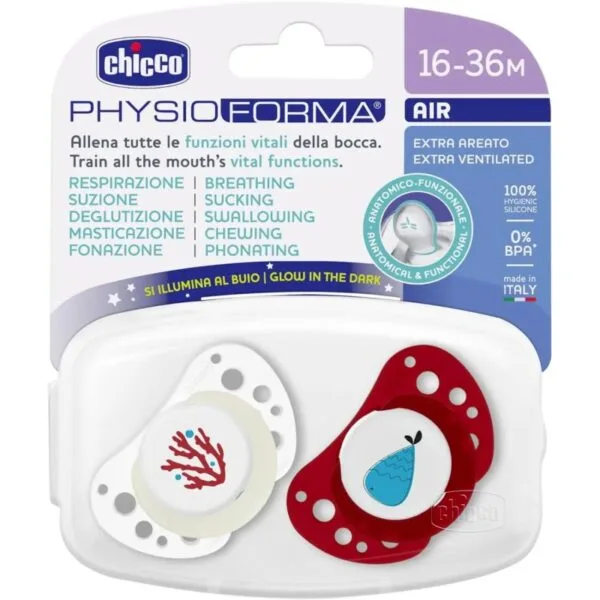 Ciuccio in silicone Chicco PhysioForma Air, 16-36 mesi, a forma di pesce luminoso, 2 pezzi