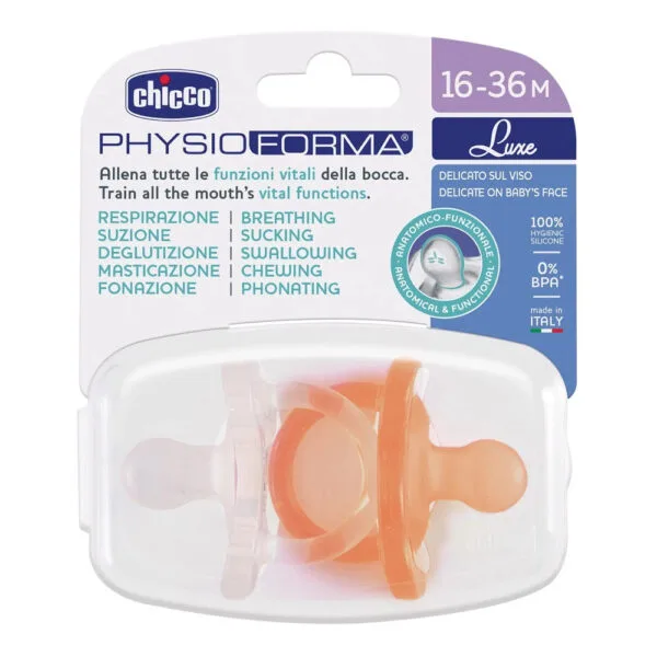 Silikon‑Schnuller Chicco PhysioForma Luxe 16‑36 Monate Ziegel, Blister 2 Stück