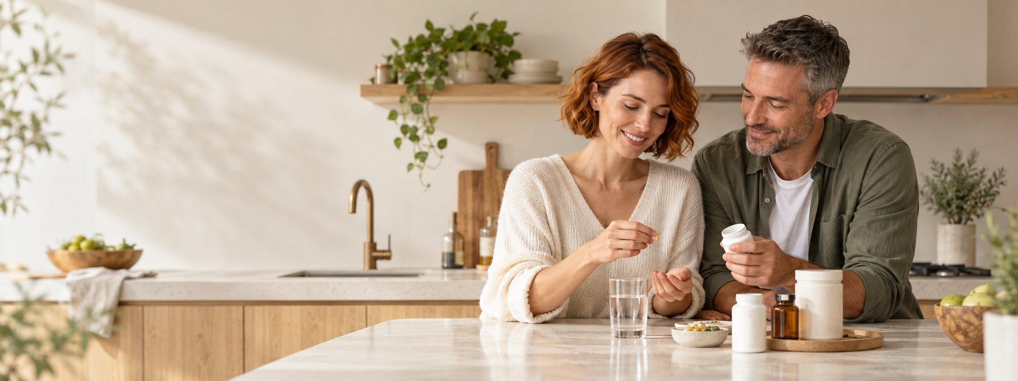 Pareja joven preparando su rutina de bienestar en una cocina minimalista